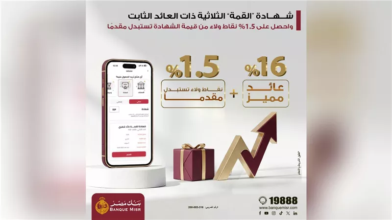 مزايا إضافية على شهادة «القمة» من بنك مصر.. عائد 16% ونقاط تُصرف مقدمًا