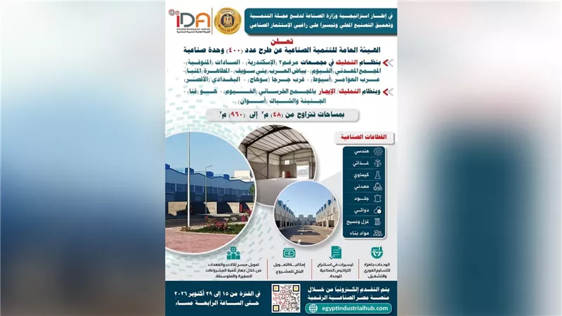 هيئة التنمية الصناعية تعلن طرح 400 وحدة صناعية جاهزة للتسليم الفوري بـ 11 مجمعاً صناعياً في 10 محافظات
